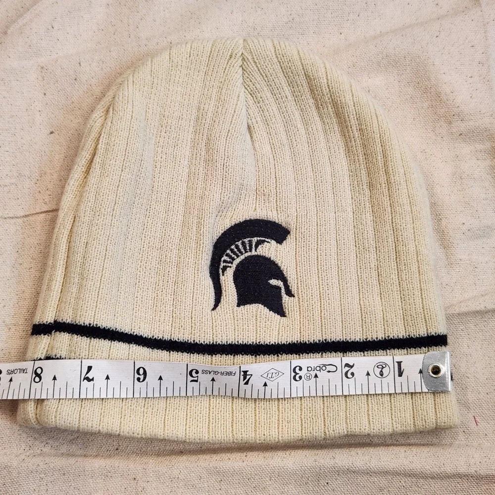 HitWear Michigan State Spartans Beanie Hat Off White Cream Striped Embroidered